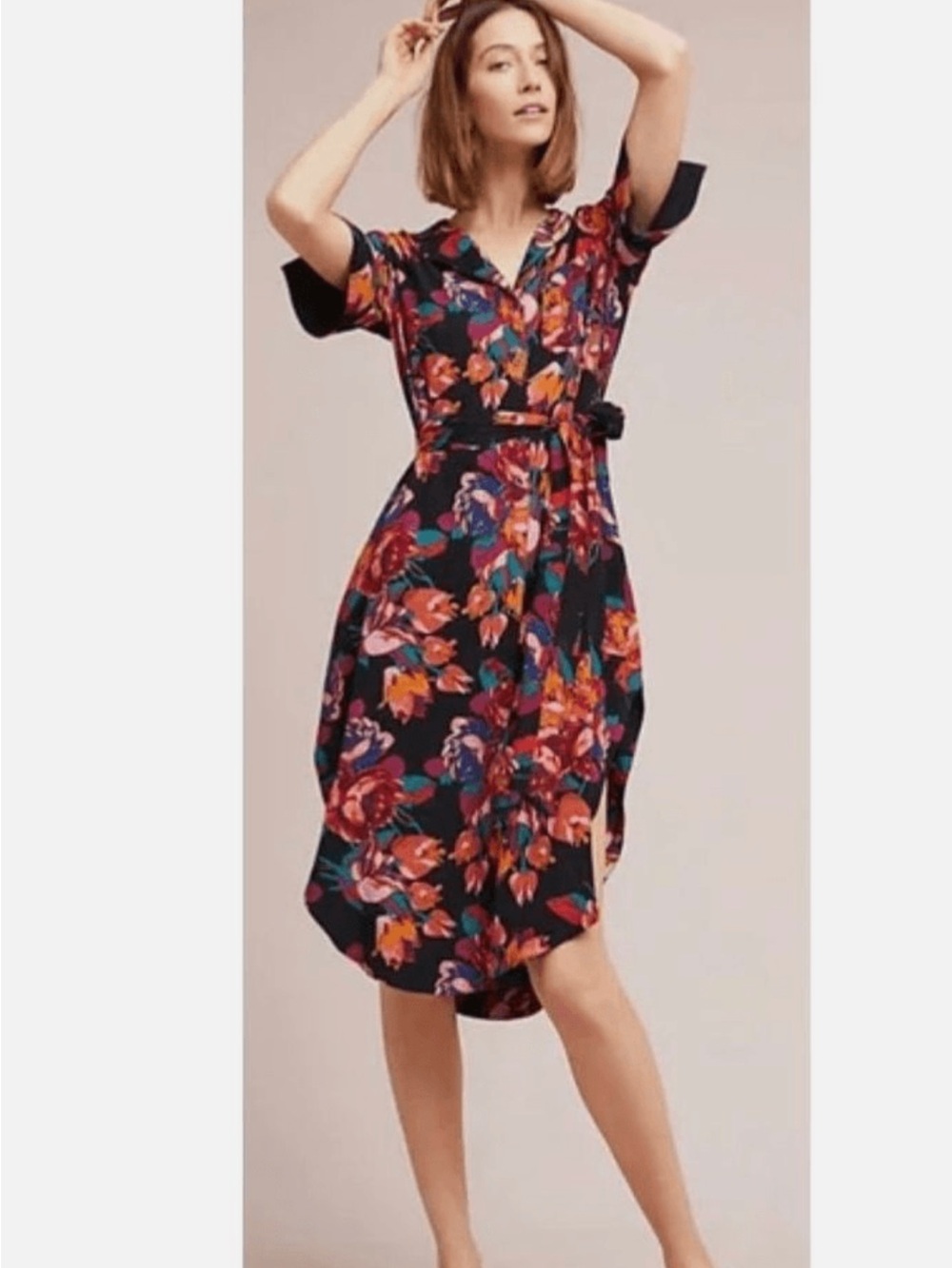 Maeve Black Floral Midi Dress with Pink, Orange & Blue Blooms